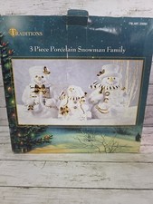 VTG Traditions 3 Pc Porcelain Snowman Family White & Gold With Original Box picture