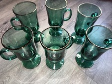 VTG Emerald Green Footed Glass Mugs Set of 6 Gold Rim Irish Coffee Cups picture
