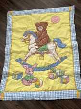 Vtge Printed Baby Quilt Top Teddy Bear On Rocking Horse Gingham 44.5 X 35” picture