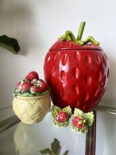 Vintage Red Strawberry Cookie Jar, Sugar Bowl, & 2 Italian Recipe/Name Holders picture