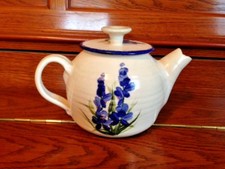 HAND THROWN BLUE FLORAL LIDDED TEAPOT CREAM W/BLUE picture