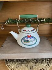 Vtg Festive Enamel 2 Qt Tea Kettle Christmas Sleigh Ride Green Wood Handle/Knob picture