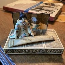 Vintage Japanese Celluloid Geisha Figurine Playing Koto Mount Fuji Screen picture