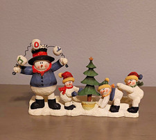 Vtg Snowman & Snowkids Holiday JOY Winter Scene Resin 3-Tea Light Candle Holder picture
