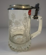 Vintage ALWE West Germany 0.5L Glass Beer Stein Pewter Lid Etched Golf Scene picture