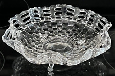 VTG Fenton Clear Glass Footed Bowl Open Lace Scalloped Ruffled Edge Basket Weave picture