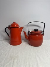(2) Vintage Red Enamel Coffee/Tea Pots. Poland/Finel Finland picture