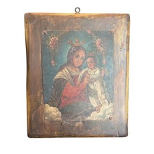 Antique Madonna and Child Religious Icon Hand Painted Metal Wood Retablo Art picture
