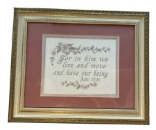 Gold tone Framed Embroidered Wall Art Christian Bible Verse Mauve Pink Mat Glass picture