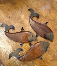 Set of 3 Mid Century/Retro Teak Wood & Brass Unique Fish Wall Decor picture