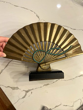 Vintage San Pacific International Brass Fan Statue on Base Verdigris Accent picture