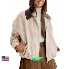 Yegthou Womens Faux Suede Bomber Jacket Beige-M picture