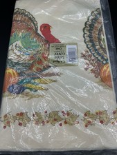 Vintage C. A. Reed Thanksgiving Paper Table Cover Turkey Autumn Fall 52 x 96 NEW picture