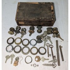 Vintage Bancroft Hotel Saginaw MI Room Keys & Brass Lock Cylinder Lot Cigar Box picture