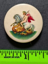 Vintage Greek Soldier Battles Giant Snake on Horse Pinback Pin picture