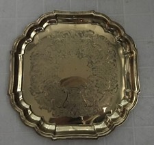 Vintage 1970s Square Gold Toned Serving Tray Dish w/  Scalloped Edge 13