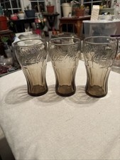 VINTAGE SMOKED BROWN MCDONALDS COCA COLA GLASSES SET OF 3 EXCELLENT picture