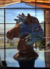 Vtg Ceramic Horse Head Hand Painted 7”T Irridescent Blue & Brown Glaze Signed EC picture