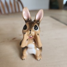 Vintage Ceramic Brown Kitchsy Bunny Rabbit Smiling Suprised Figurine Fluff Tail picture