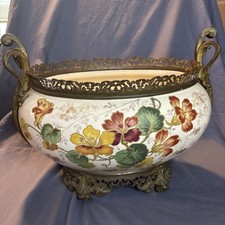 Huge VTG 15.5” Hand Painted cache pot  jardiniere/ Brass Mounts *READ descrip  picture