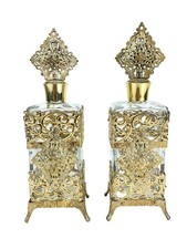 Vintage Ormolu Gold Gilt Filigree Ornate Antique Pair of Baroque Perfume Bottles picture