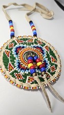 Vintage Lakota Sioux Beaded Powwow Regalia Abalone Rosette Medallion Necklace 4
