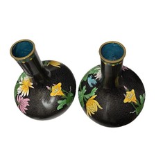 2 Chinese Cloisonne Vases 10” Floral Enamel Hummingbird Brass Trim picture