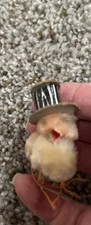 Vintage 50’s Tiny Chenille Baby Chick With Top Hat Easter Decoration Japan picture