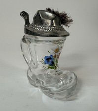 Vintage BMF German Mini Glass Beer Boot Shot Stein Pewter Hat Lid Gamsbart Brush picture