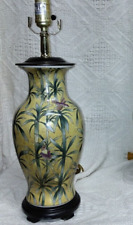 Asian Lamp Bamboo ceramicYellow pink Birds vtg HandPainted  wood base picture