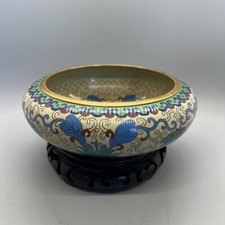 Cloisonne Squat Baluster Asian Plum Ruyi Blossom Bowl wood Carved base 7.25” picture