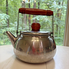 Vintage Stainless Steel Tea Kettle 1970s Wooden Handle Danish Style Korea picture