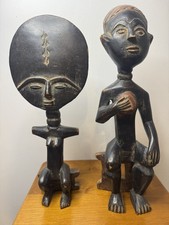Pair Hand Carved Ghanaian Asante Akan Style Wood Seated Figures Akua’ba Inspired picture