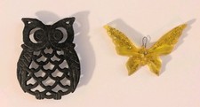Vintage Metal Owl Trivet Lucite Butterfly Ornament Cottagecore Flower Power 70's picture