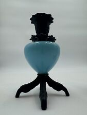 Antique PAIR BLUE GLASS CAST IRON CLAW FOOT CANDLE HOLDER CHAMBERSTICKS GOTHIC picture