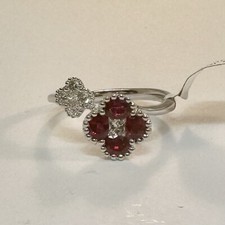 18K WHITE GOLD - RUBY (1.01Ct) + DIAMOND (.29Ct) DOUBLE FLOWER RING Sz 6.5 picture