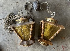 Vintage Amber Glass Swag Hanging Lantern Light Ornate Wood picture
