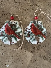 Decoupaged set of two seashell Ornaments with RED CARDINALS picture