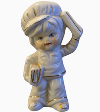 Vintage White Porcelain Paperboy Figurine Gold Trim Newsboy Statue Hand Painted picture