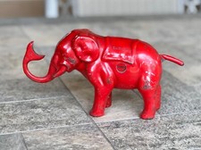 Vintage 1940s Red Cast Aluminum Mechanical Elephant Coin Bank 