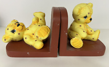 ❤️ Vintage Yellow Teddy Bear Bookends Red Base Ceramic Scioto 1985 picture