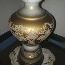 Tall Vintage Glass Hollywood Regency MCM Mid Century Table Lamp Gold  White  picture