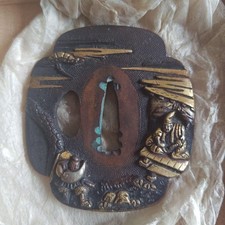 Japanese Iron Tsuba Sword Guard Gold Inlay Figural Scene Antique picture