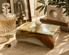 Vintage Banded Onyx Stone Lidded Trinket Box Jewelry Keepsake Vanity Decor Box picture