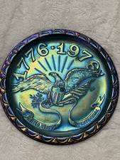 Vintage Blue Glass Bicentennial Irredescent Carnival Glass USA 1776-1976 Plate picture