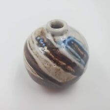 Handmade Blue Brown Boho Mini Pottery Round Ball Bud Vase Signed 3