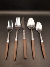 Vtg MCM interpur INR2 wooden handle 5 piece set silverware made in Japan picture