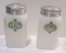 2 VTG WHite Milk Glass Green Letter Salt Pepper Range SHakers Hazel Atlas Lids picture