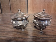 Antique Chinese Export Silver Dragon Lidded Bowls Pots Pair Zuyin 足銀 picture