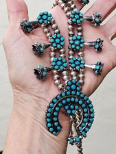 Vintage 1970 Zuni Strrling Sleeping Beauty Turquoise Squash Blossom Necklace picture